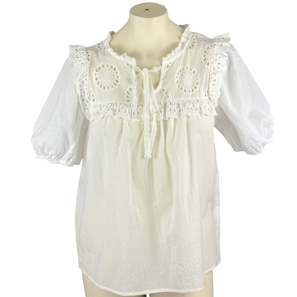 White Cotton Eyelet Lace Blouse Tie Neck‎ Puff Sleeve Boho Cottagecore Top XL